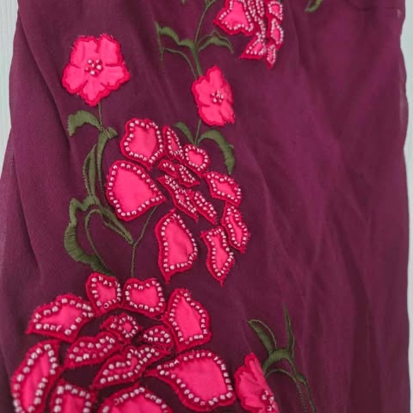 Sue wong Maroon Floral Maxi Dress 100% Silk with free pink silk shall - Picture 4 of 13